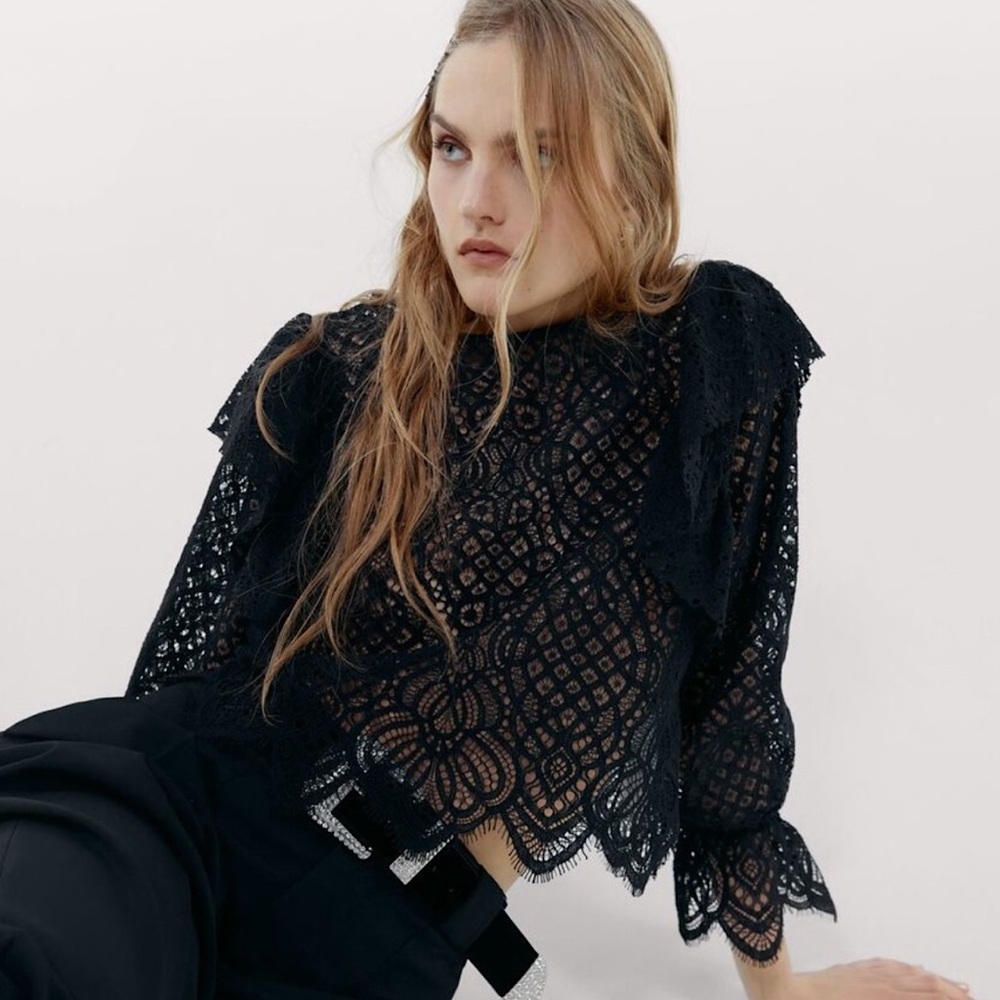 Not for sale!!! Zara black ruffled crocheted lace top